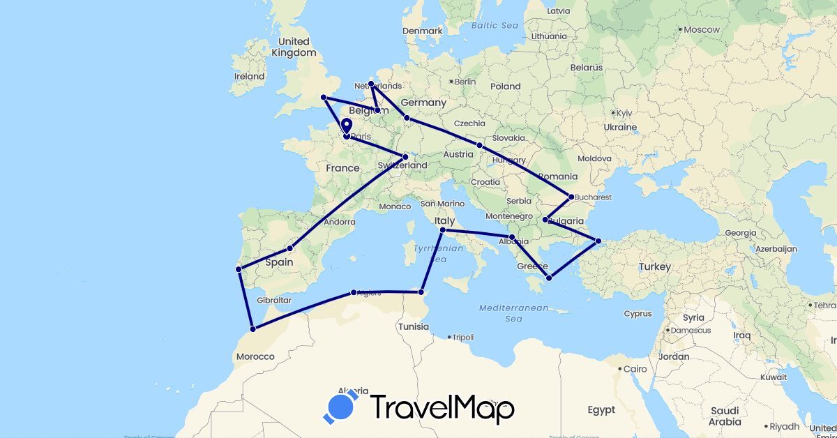 TravelMap itinerary: driving in Albania, Austria, Belgium, Bulgaria, Switzerland, Germany, Algeria, Spain, France, United Kingdom, Greece, Italy, Morocco, Netherlands, Portugal, Romania, Tunisia, Turkey (Africa, Asia, Europe)